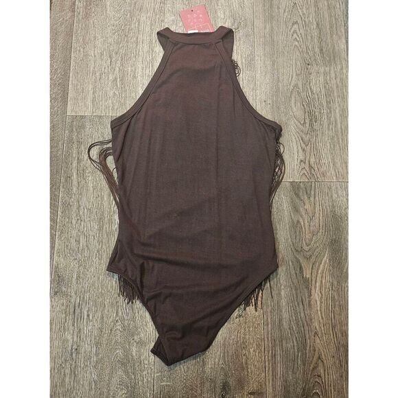 Verdusa Fringe Trim Sleeveless Bodycon Halter Bodysuit Top Brown Size Small NWOT - Picture 8 of 11